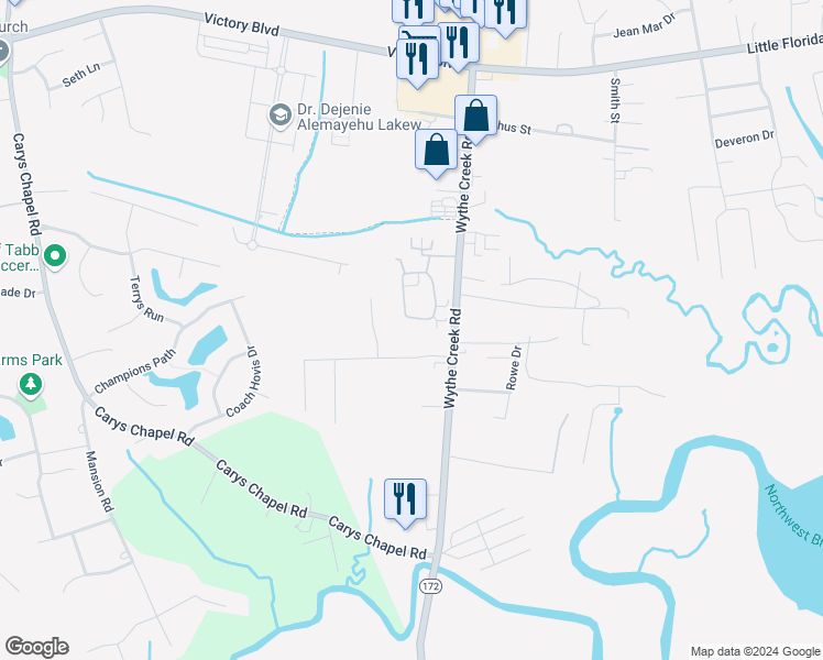 map of restaurants, bars, coffee shops, grocery stores, and more near 172 Villa Drive in Poquoson