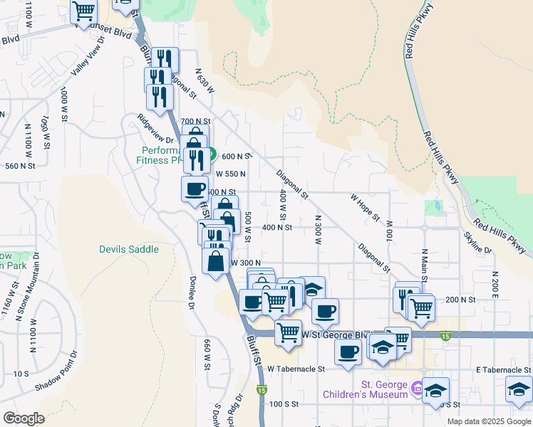 map of restaurants, bars, coffee shops, grocery stores, and more near 450 500 West Street in St. George