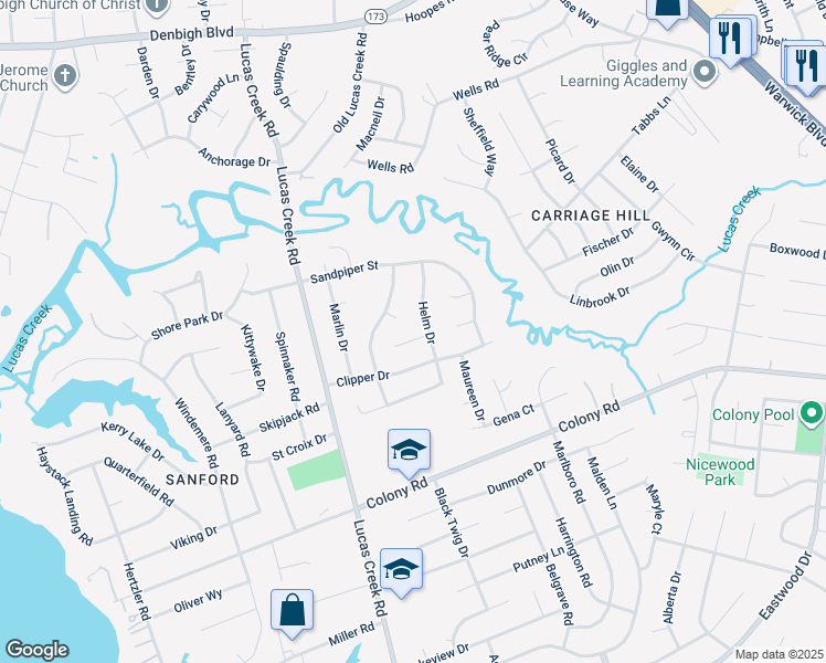 map of restaurants, bars, coffee shops, grocery stores, and more near 519 Helm Drive in Newport News