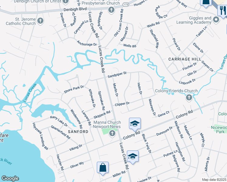 map of restaurants, bars, coffee shops, grocery stores, and more near 517 Marlin Drive in Newport News