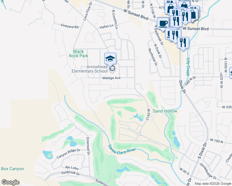 map of restaurants, bars, coffee shops, grocery stores, and more near 409 North Country Lane in St. George