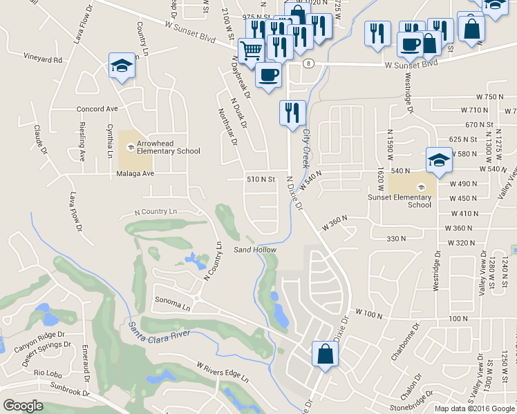 map of restaurants, bars, coffee shops, grocery stores, and more near 1967 West 430 North in St. George