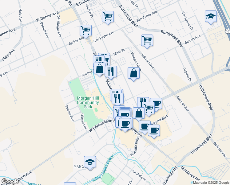 map of restaurants, bars, coffee shops, grocery stores, and more near 16210 Monterey Road in Morgan Hill