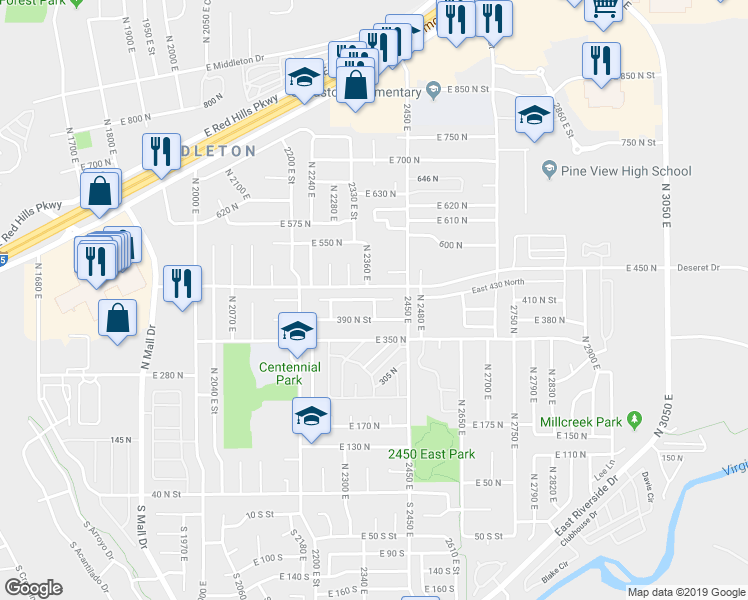 map of restaurants, bars, coffee shops, grocery stores, and more near 2371 East 440 North Circle in St. George