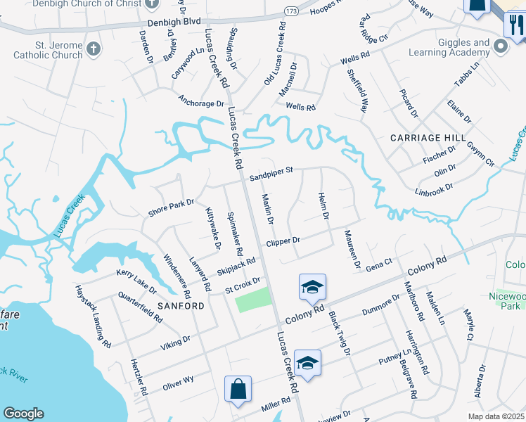 map of restaurants, bars, coffee shops, grocery stores, and more near 517 Marlin Drive in Newport News