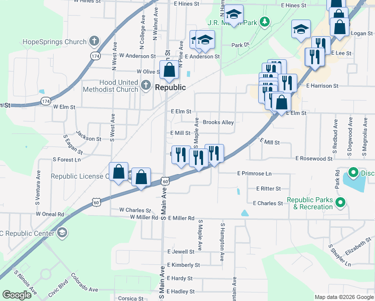map of restaurants, bars, coffee shops, grocery stores, and more near 143 East Brooks Street in Republic