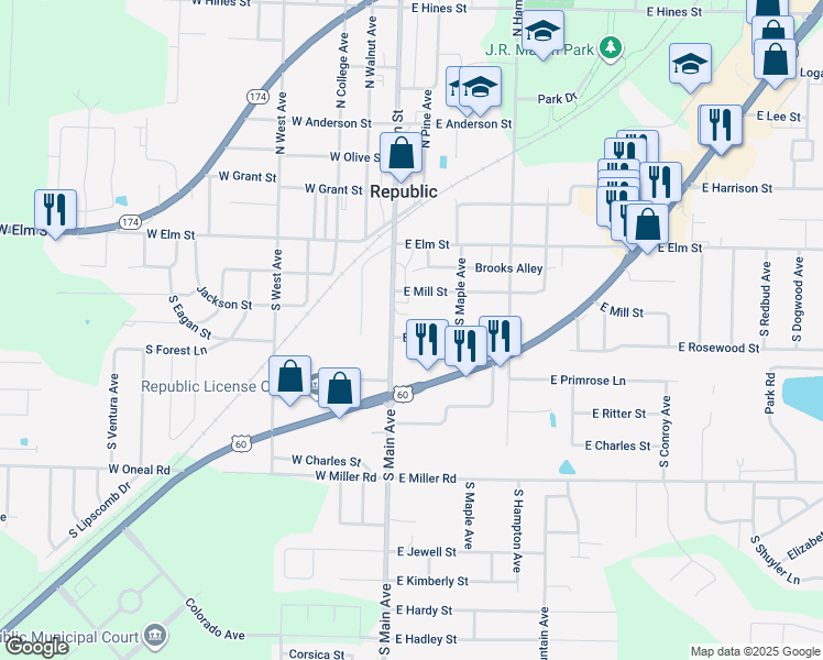 map of restaurants, bars, coffee shops, grocery stores, and more near 117 East Brooks Street in Republic
