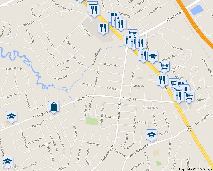 map of restaurants, bars, coffee shops, grocery stores, and more near 18 Sylvia Lane in Newport News