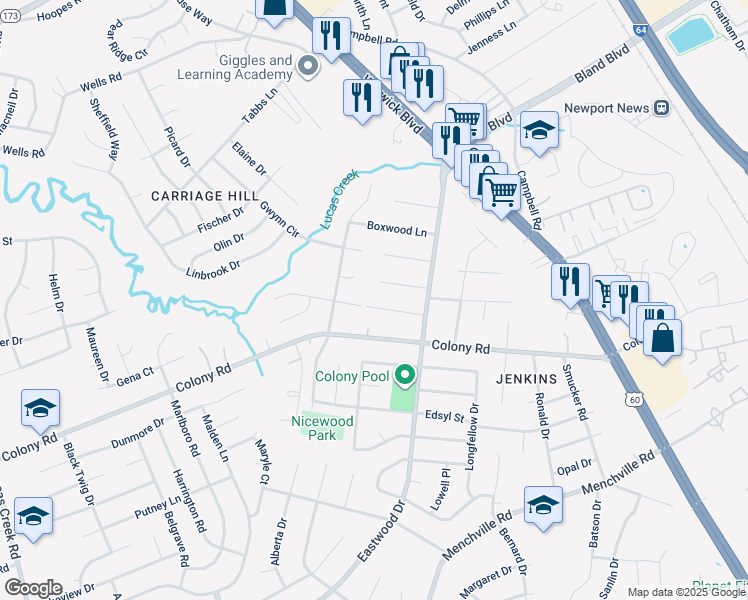 map of restaurants, bars, coffee shops, grocery stores, and more near 18 Sylvia Lane in Newport News