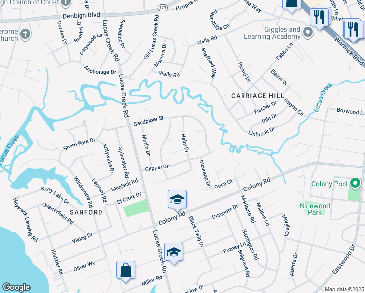 map of restaurants, bars, coffee shops, grocery stores, and more near 517 Helm Drive in Newport News