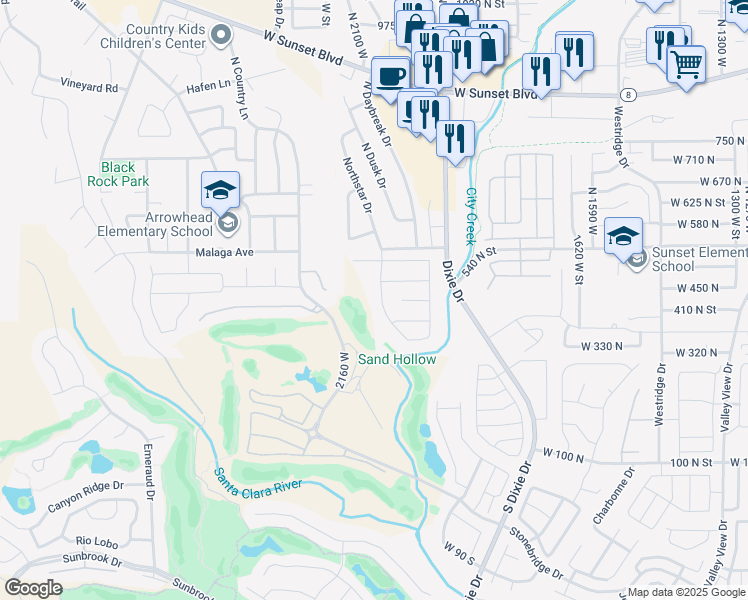 map of restaurants, bars, coffee shops, grocery stores, and more near 437 Northstar Drive in St. George