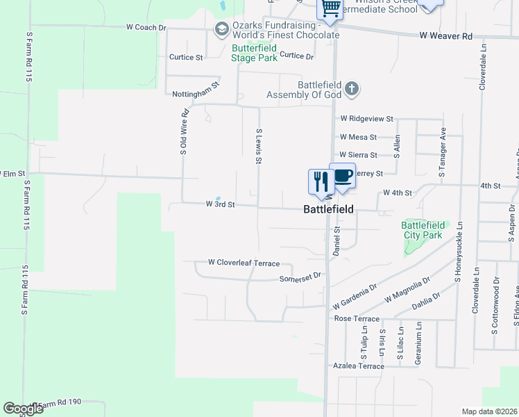 map of restaurants, bars, coffee shops, grocery stores, and more near 4511 West 3rd Street in Battlefield