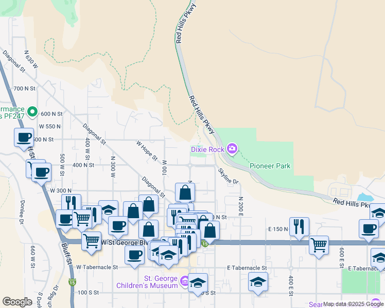 map of restaurants, bars, coffee shops, grocery stores, and more near 452 North Main Street in St. George