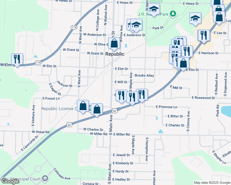map of restaurants, bars, coffee shops, grocery stores, and more near 117 East Brooks Street in Republic