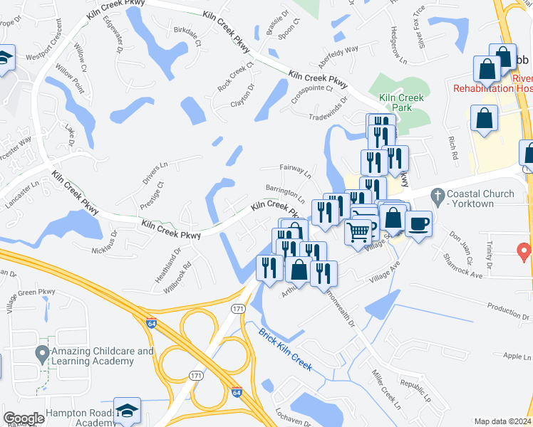 map of restaurants, bars, coffee shops, grocery stores, and more near 1006 Island Quay in Newport News