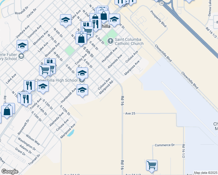 map of restaurants, bars, coffee shops, grocery stores, and more near 650 South 6th Street in Chowchilla