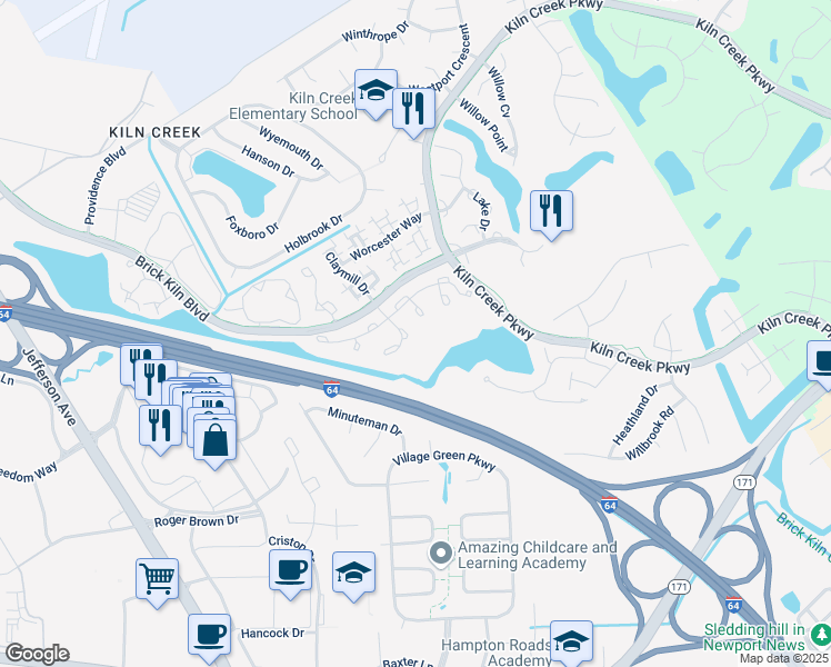 map of restaurants, bars, coffee shops, grocery stores, and more near 2217 Halifax Place in Newport News