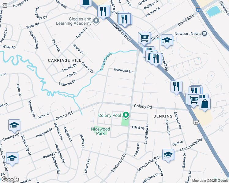 map of restaurants, bars, coffee shops, grocery stores, and more near 20 Sylvia Lane in Newport News