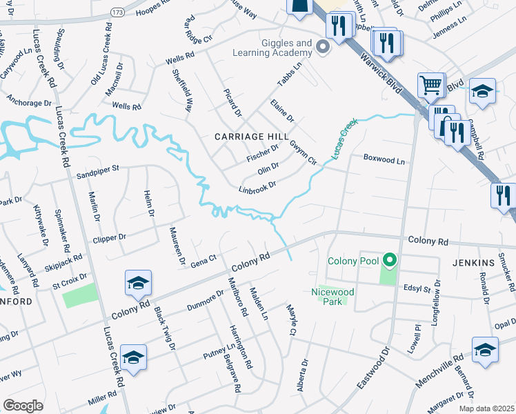 map of restaurants, bars, coffee shops, grocery stores, and more near 131 Linbrook Drive in Newport News