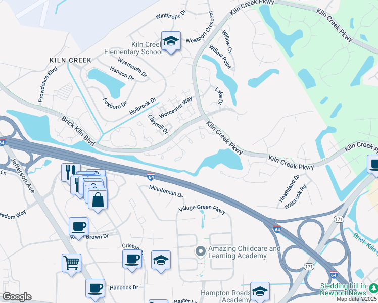 map of restaurants, bars, coffee shops, grocery stores, and more near 2217 Halifax Place in Newport News