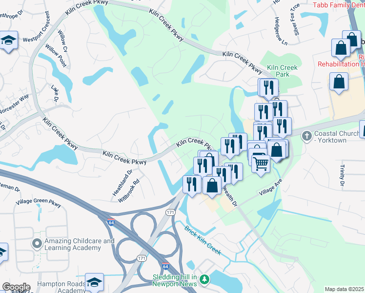 map of restaurants, bars, coffee shops, grocery stores, and more near 826 Grand Bay Cove in Newport News