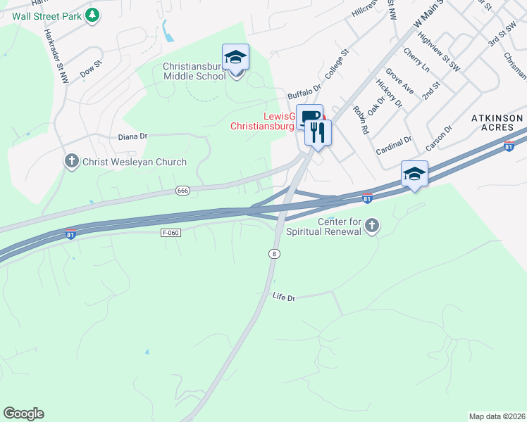 map of restaurants, bars, coffee shops, grocery stores, and more near Interstate 81 in Christiansburg