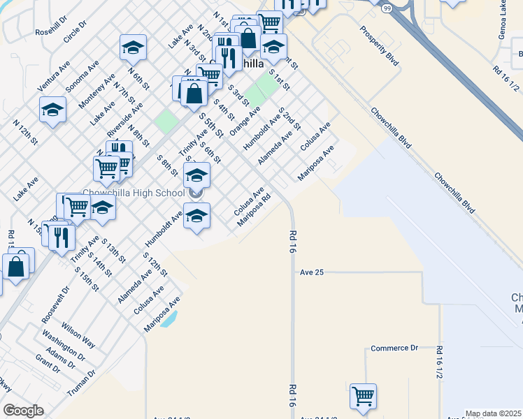 map of restaurants, bars, coffee shops, grocery stores, and more near 650 South 6th Street in Chowchilla