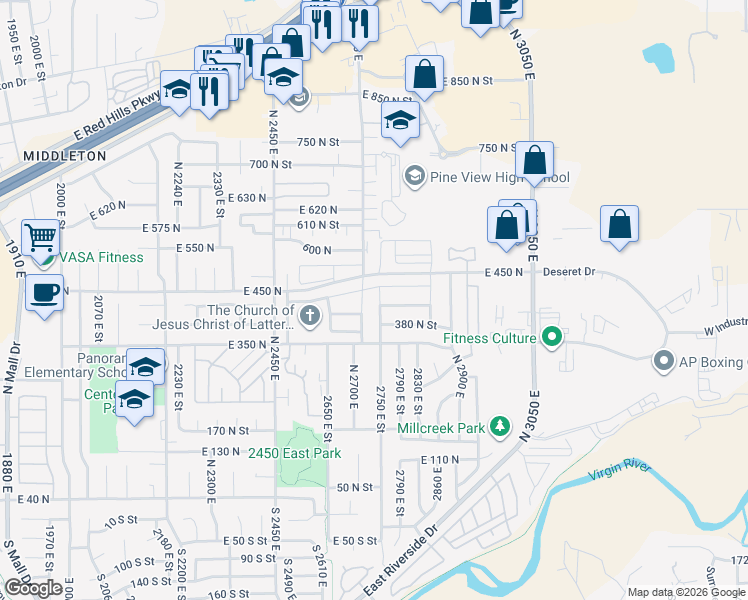 map of restaurants, bars, coffee shops, grocery stores, and more near 415 North 2750 East in St. George