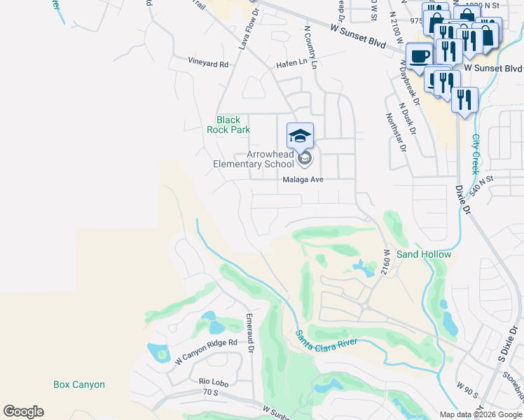 map of restaurants, bars, coffee shops, grocery stores, and more near 2468 West Zinfandel Drive in St. George