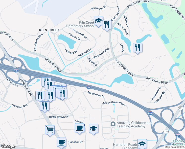 map of restaurants, bars, coffee shops, grocery stores, and more near 811 Lancaster Lane in Newport News