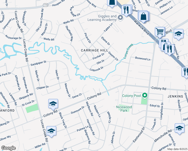 map of restaurants, bars, coffee shops, grocery stores, and more near 131 Linbrook Drive in Newport News