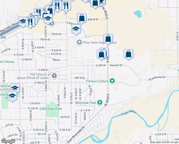 map of restaurants, bars, coffee shops, grocery stores, and more near 416 North 2900 East in St. George