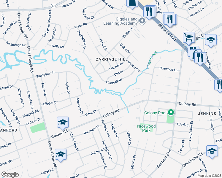 map of restaurants, bars, coffee shops, grocery stores, and more near 133 Linbrook Drive in Newport News