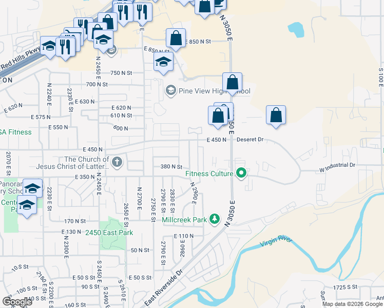 map of restaurants, bars, coffee shops, grocery stores, and more near 416 North 2900 East in St. George