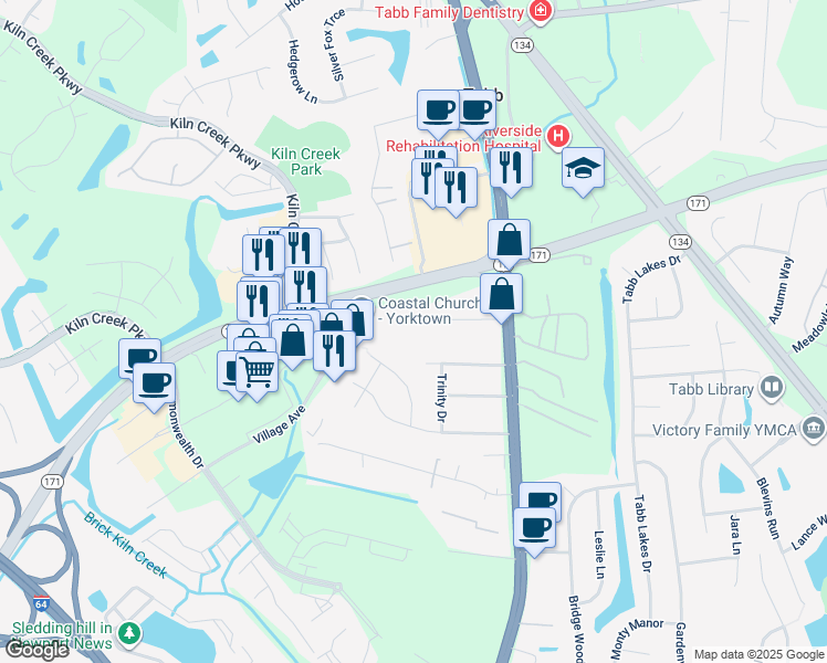 map of restaurants, bars, coffee shops, grocery stores, and more near 121 Byrd Lane in Yorktown