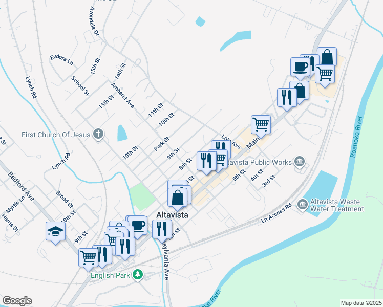map of restaurants, bars, coffee shops, grocery stores, and more near 1008 8th Street in Altavista