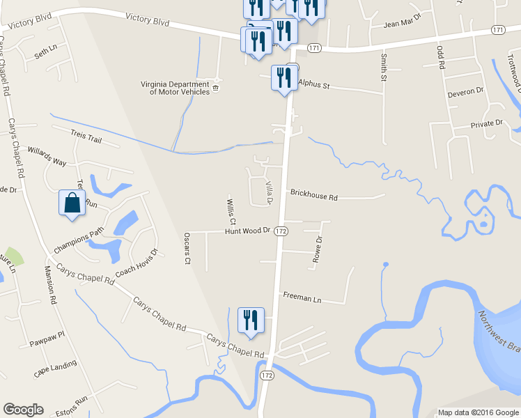 map of restaurants, bars, coffee shops, grocery stores, and more near 174 Villa Drive in Poquoson