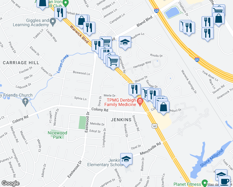 map of restaurants, bars, coffee shops, grocery stores, and more near 138 Merle Drive in Newport News