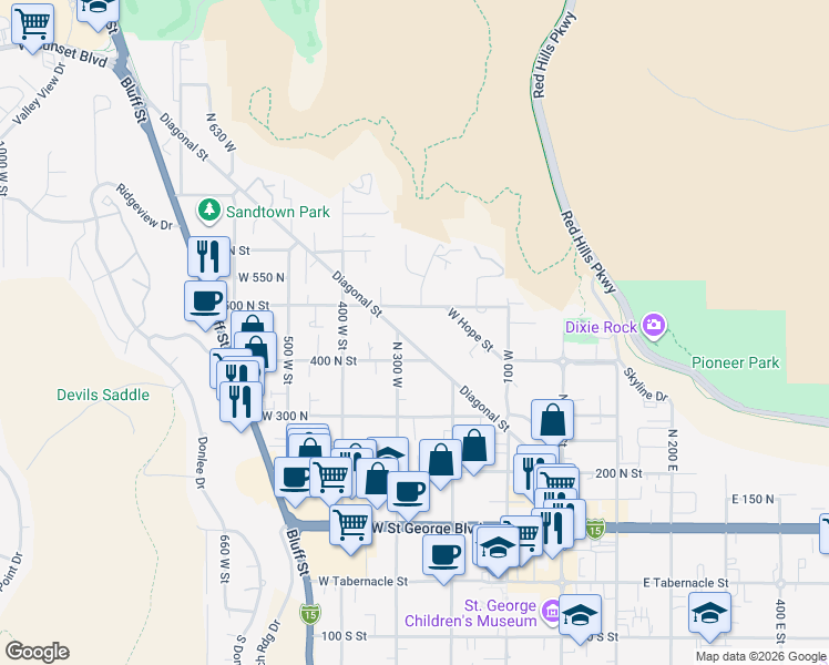 map of restaurants, bars, coffee shops, grocery stores, and more near 288 Diagonal Street in St. George