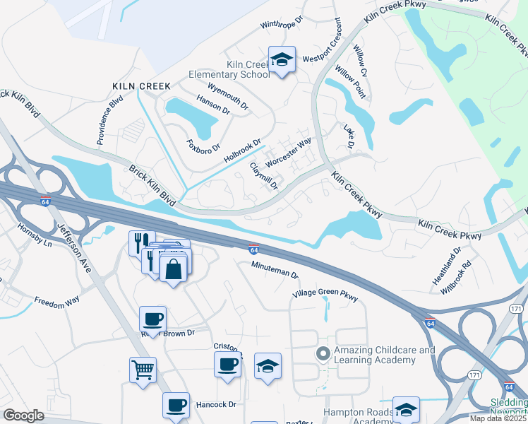 map of restaurants, bars, coffee shops, grocery stores, and more near 811 Lancaster Lane in Newport News