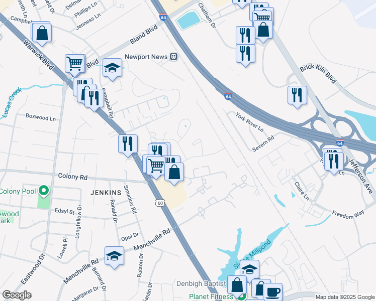 map of restaurants, bars, coffee shops, grocery stores, and more near 13305 Garden State Drive in Newport News