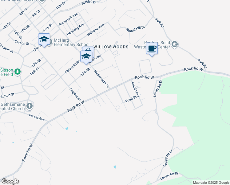 map of restaurants, bars, coffee shops, grocery stores, and more near 1800 Smith Avenue in Radford