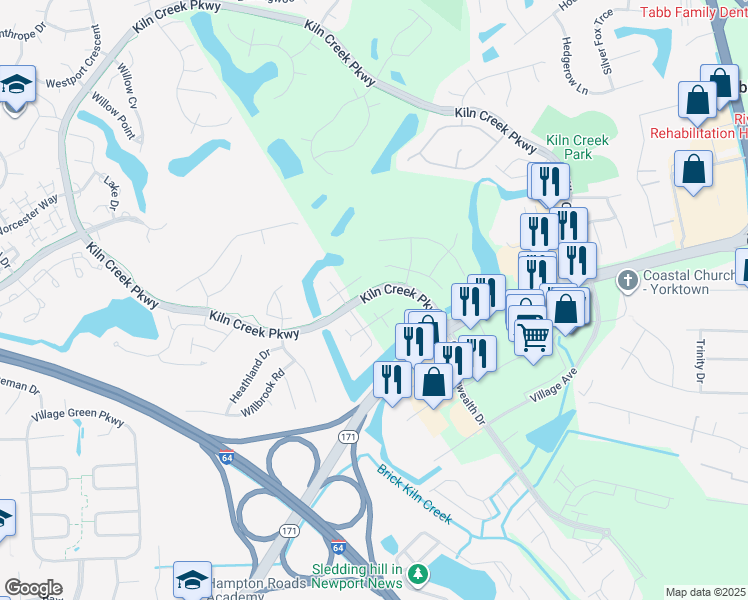 map of restaurants, bars, coffee shops, grocery stores, and more near 824 Grand Bay Cove in Newport News