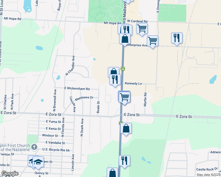 map of restaurants, bars, coffee shops, grocery stores, and more near 2802 North Rangeline Road in Joplin