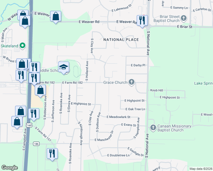 map of restaurants, bars, coffee shops, grocery stores, and more near 834 East Farm Road 182 in Springfield