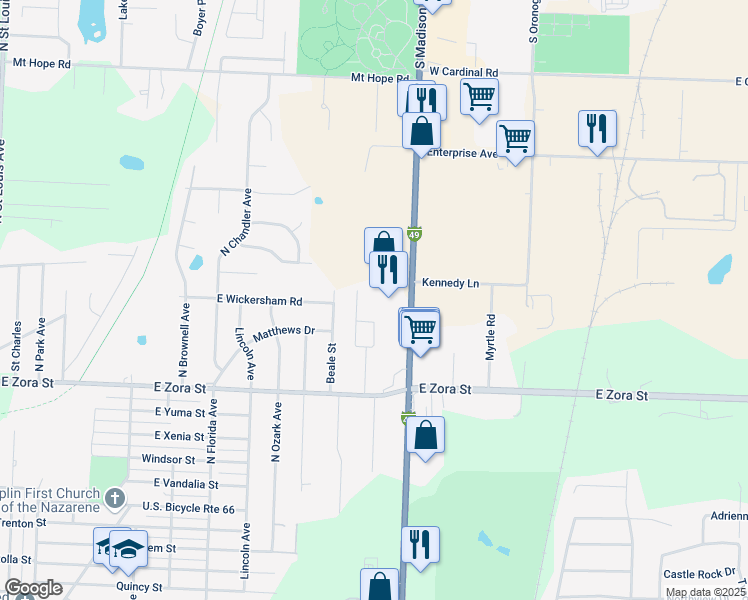 map of restaurants, bars, coffee shops, grocery stores, and more near 2802 North Rangeline Road in Joplin