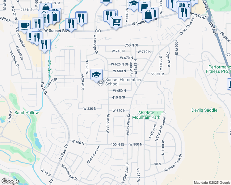 map of restaurants, bars, coffee shops, grocery stores, and more near 1407 West 450 North in St. George