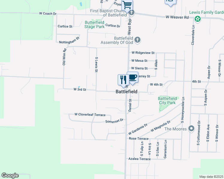 map of restaurants, bars, coffee shops, grocery stores, and more near 4359 West 3rd Street in Battlefield