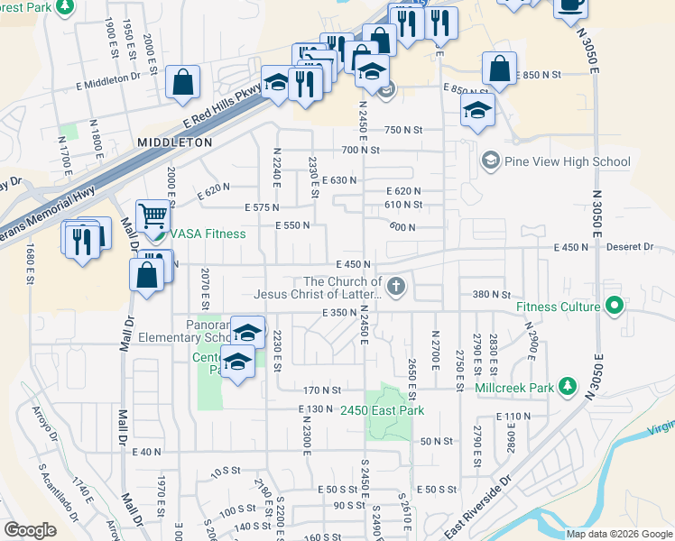 map of restaurants, bars, coffee shops, grocery stores, and more near 2379 East 440 North Circle in St. George