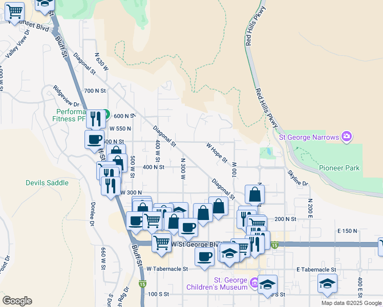 map of restaurants, bars, coffee shops, grocery stores, and more near 288 Diagonal Street in St. George
